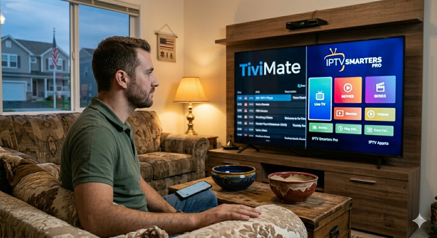 best iptv player usa — man watching TiviMate and IPTV Smarters Pro on smart TV at home USA