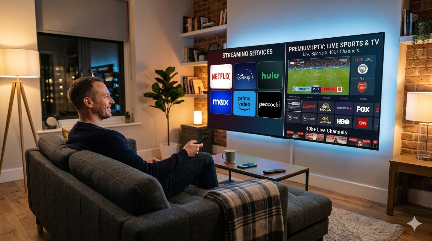 best IPTV service USA — man watching live sports and 40000 channels on smart TV better than Netflix Hulu Disney Plus