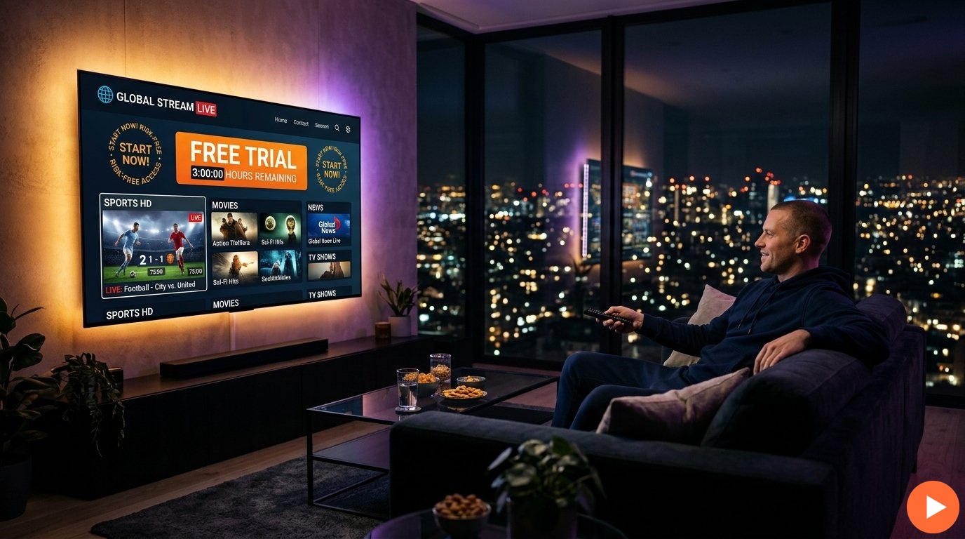 iptv free trial — person testing IPTV streaming service on smart TV before subscribing with IPTVZebraline