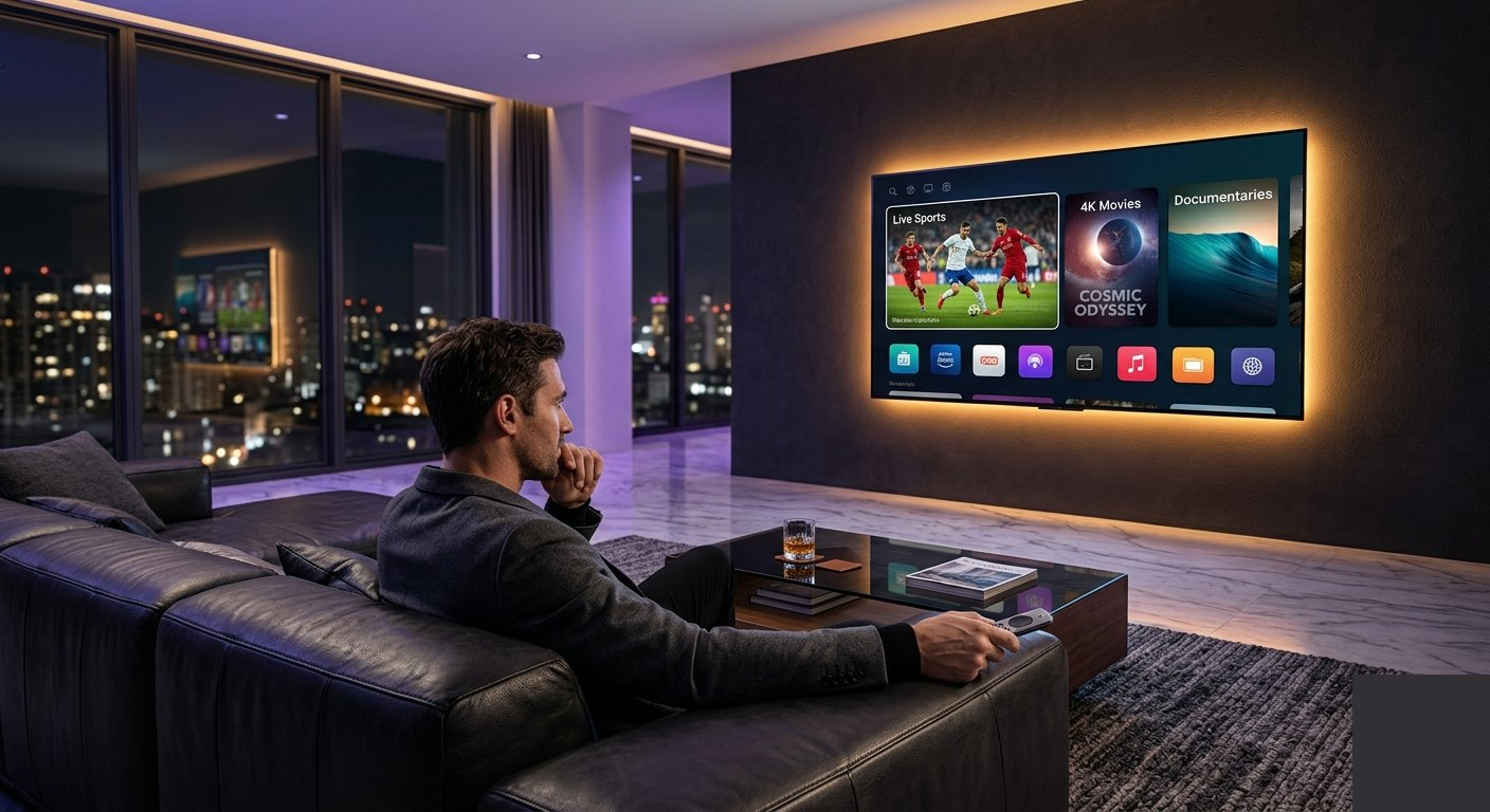 iptv premium — man watching live sports and 4K movies on large smart TV in luxury living room with premium IPTV service
