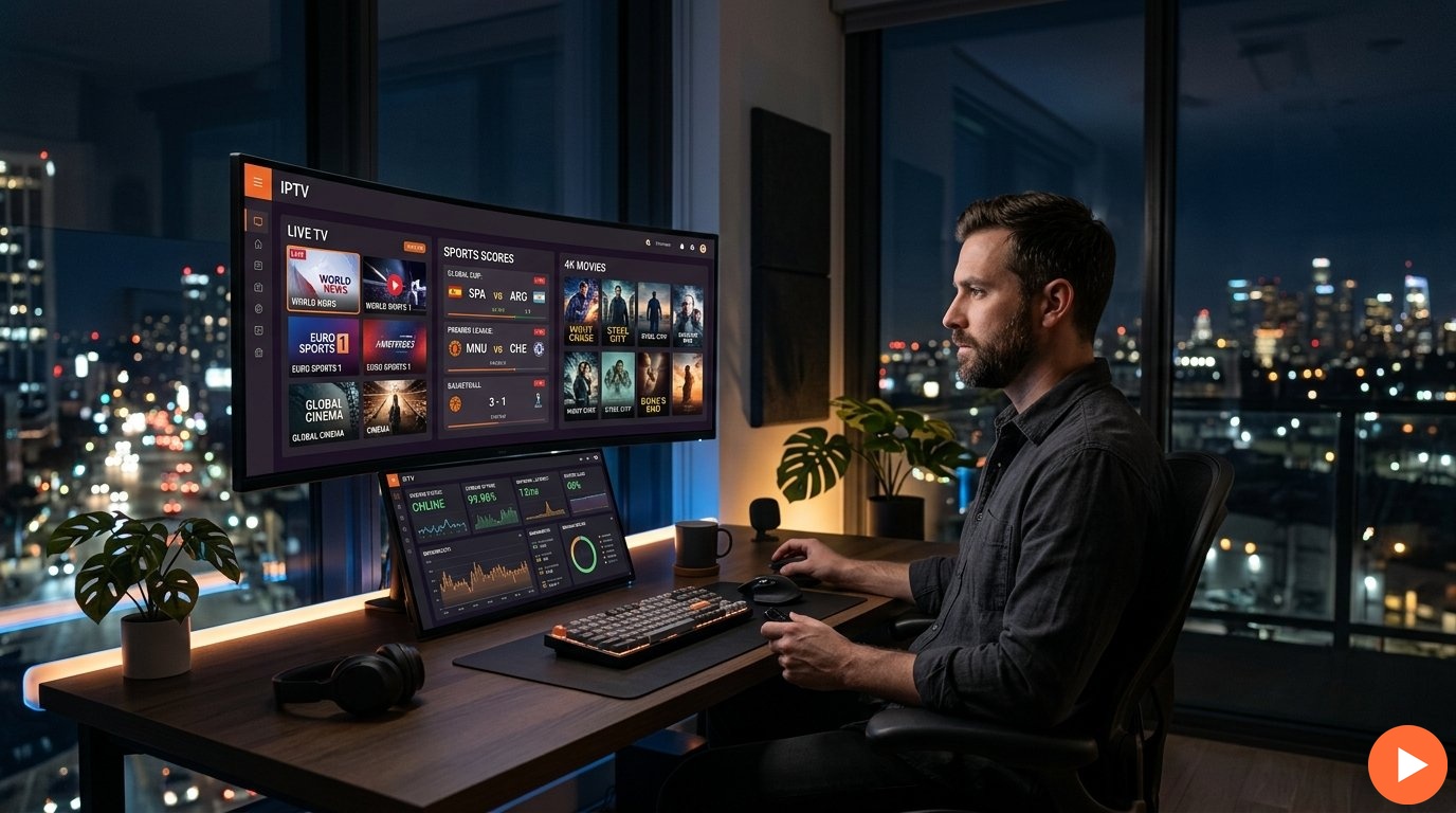 iptv professional — person streaming true 4K content on large display with IPTVZebraline professional service