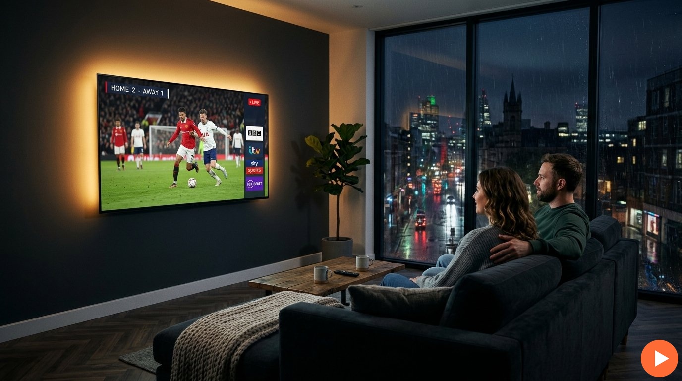 iptv subscription uk — man watching Premier League football in true 4K with IPTVZebraline IPTV subscription UK service