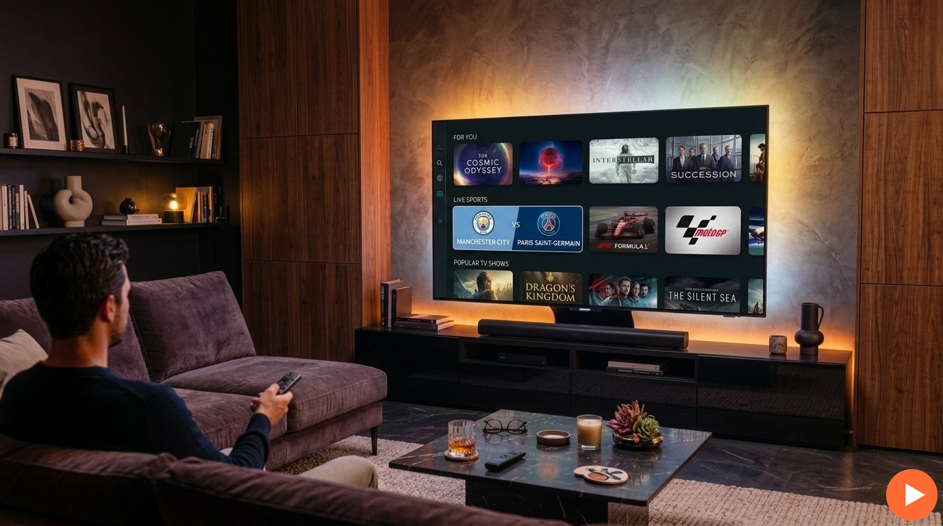 iptv subscription — man watching live sports movies and TV channels on smart TV with premium IPTV subscription from $14.99 per month